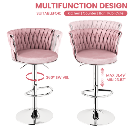 AWQM Velvet Bar Stools Set of 2,Counter Height Barstools Adjustable Kitchen Island Chairs,Swivel Barstool Upholstered Counter Bar Chairs with Back & Footrest