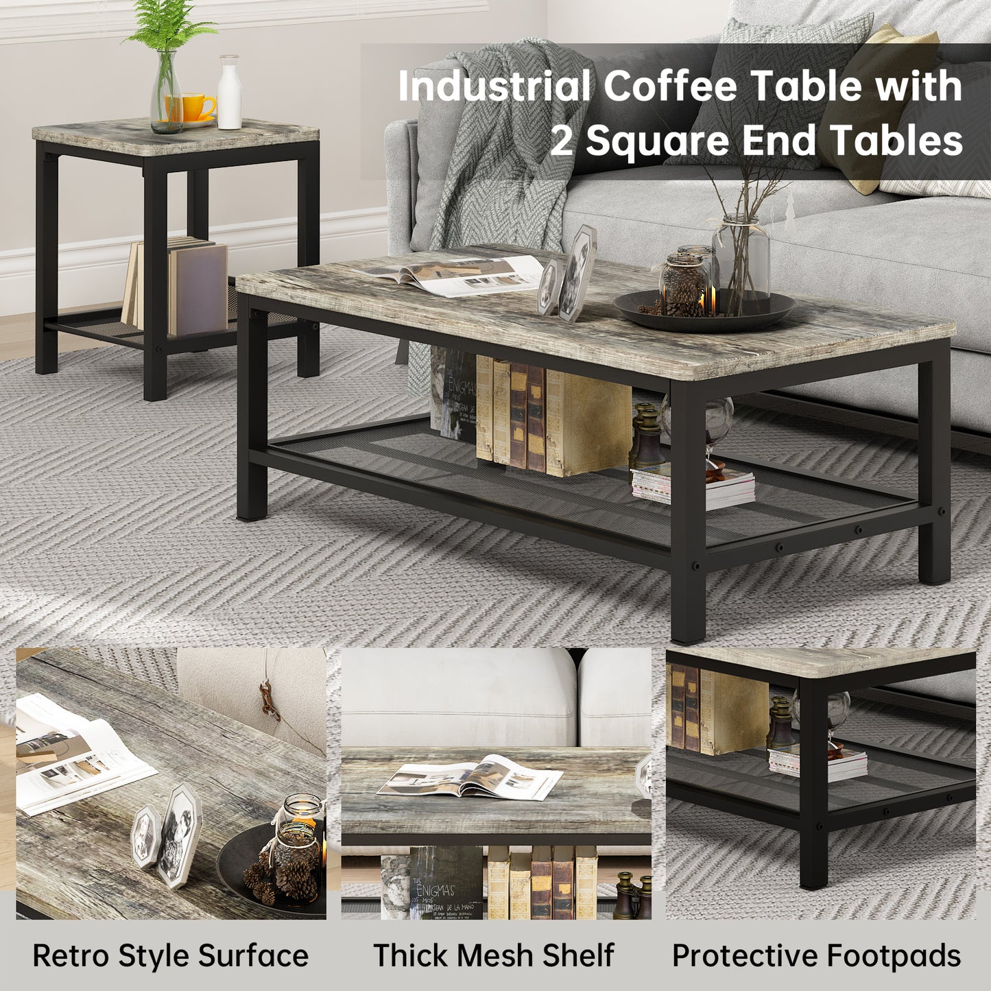 AWQM 3 Pieces Coffee Table Set, Industrial Coffee Table with 2 Square End Side Tables, Modern Living Room Table Set with Metal Frame for Apartment Home Office, Black