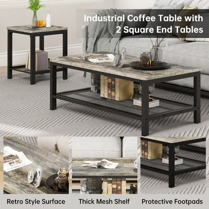 AWQM 3 Pieces Coffee Table Set, Industrial Coffee Table with 2 Square End Side Tables, Modern Living Room Table Set with Metal Frame for Apartment Home Office, Black