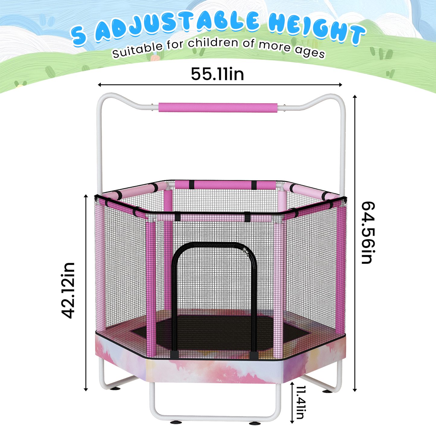 AWQM 55" Hexagon Trampoline, Indoor/Outdoor Trampoline, Safety Enclosure Net and Adjustable Handrail, 500lbs Capacity, 7-in-1