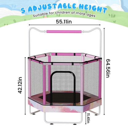 AWQM 55" Hexagon Trampoline, Indoor/Outdoor Trampoline, Safety Enclosure Net and Adjustable Handrail, 500lbs Capacity, 7-in-1
