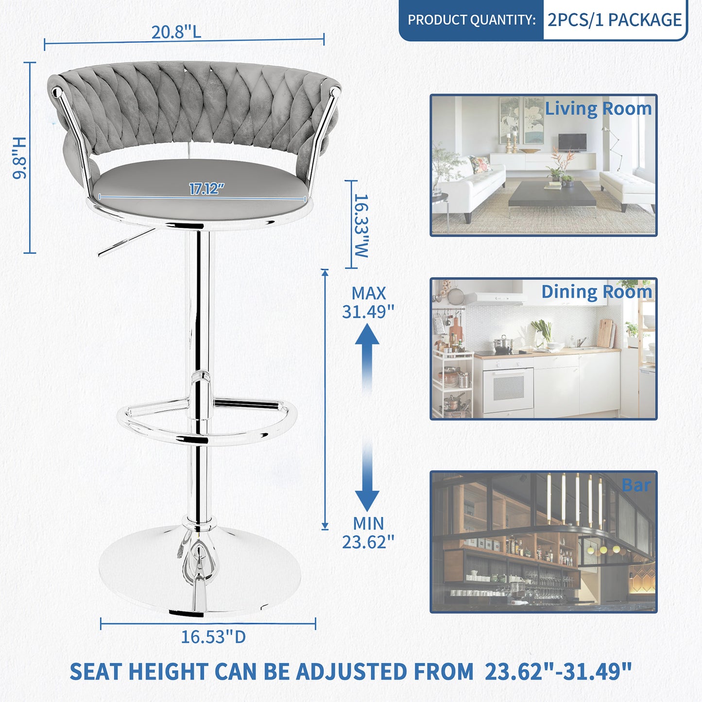 AWQM Velvet Bar Stools Set of 2 - Adjustable Height Swivel Kitchen Stools with Low Back for Dining Room, Breakfast Bar, Home Decor, and Entertaining Guests