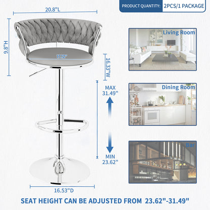 AWQM Velvet Bar Stools Set of 2 - Adjustable Height Swivel Kitchen Stools with Low Back for Dining Room, Breakfast Bar, Home Decor, and Entertaining Guests