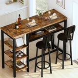 AWQM Bar Table and Chairs Set with Backrest for 2, Kitchen Counter Height Table Set with 4 Storage Shelves, Modern Pub Table with 2 PU Upholstered Stools for Kitchen, Dining Room, Rustic Brown+Black