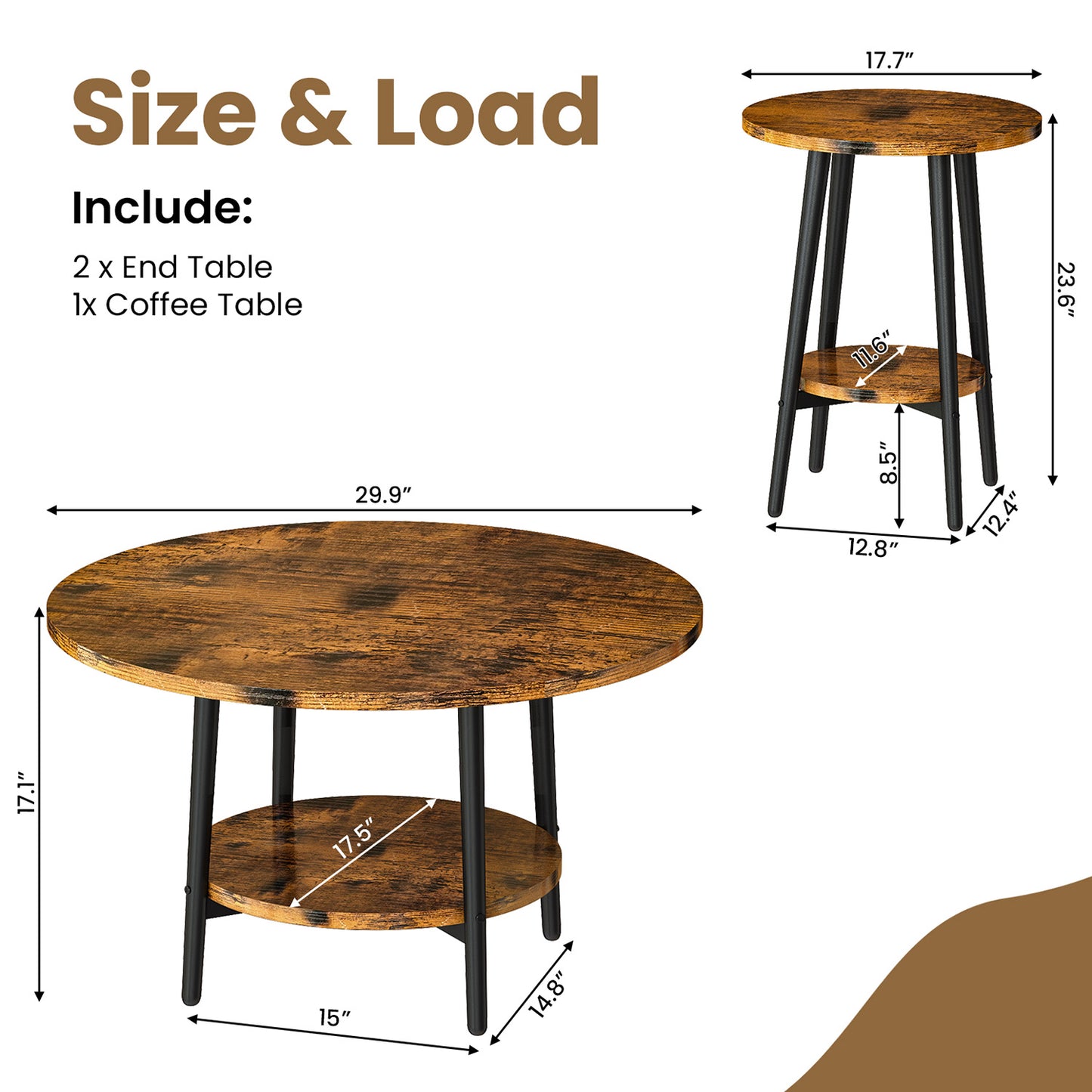 3piece Double Storage Round Coffee Table, Living Room Storage Table, Wood MDF Desktop and Metal Frame, Modern Style, Living Room/Bedroom.