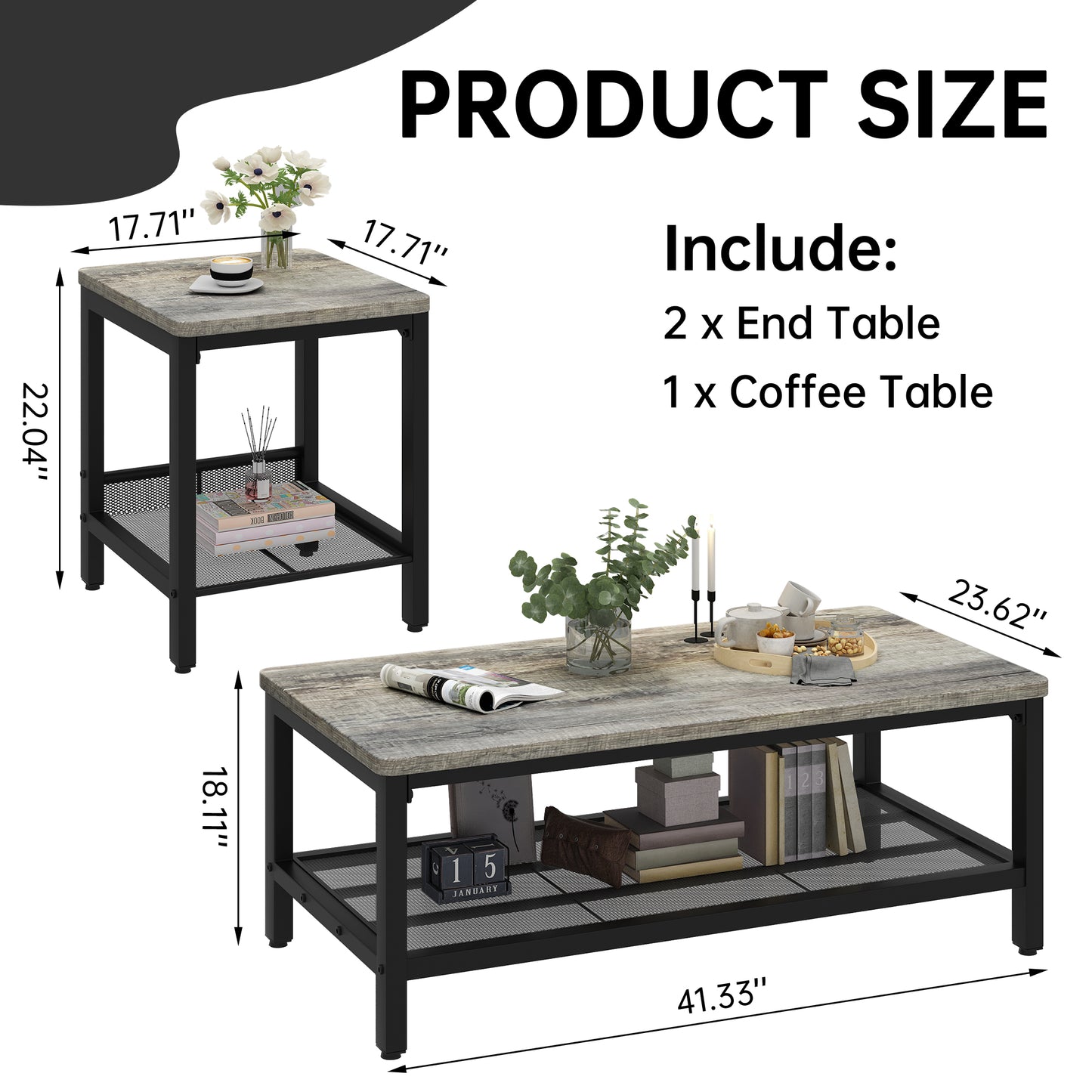 AWQM 3 Pieces Coffee Table Set, Industrial Coffee Table with 2 Square End Side Tables, Modern Living Room Table Set with Metal Frame for Apartment Home Office, Black
