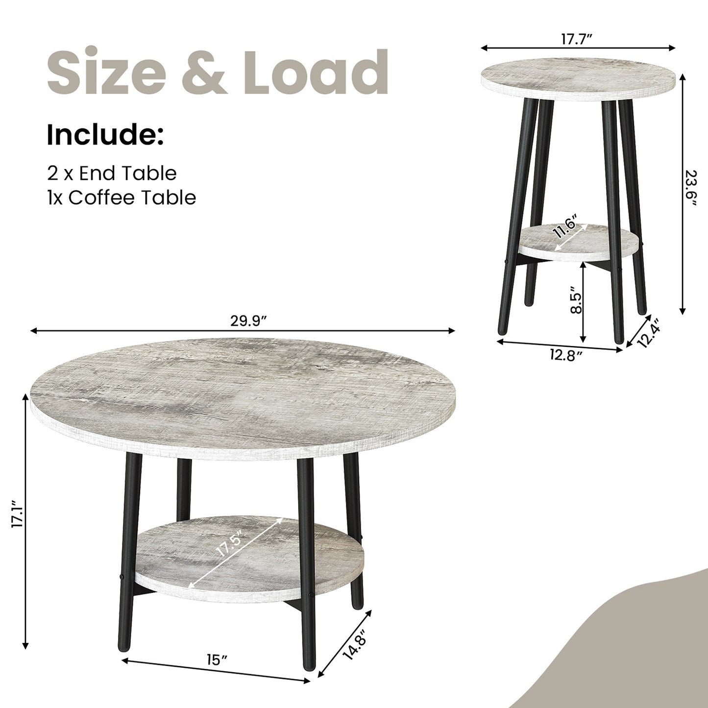 3piece Double Storage Round Coffee Table, Living Room Storage Table, Wood MDF Desktop and Metal Frame, Modern Style, Living Room/Bedroom.
