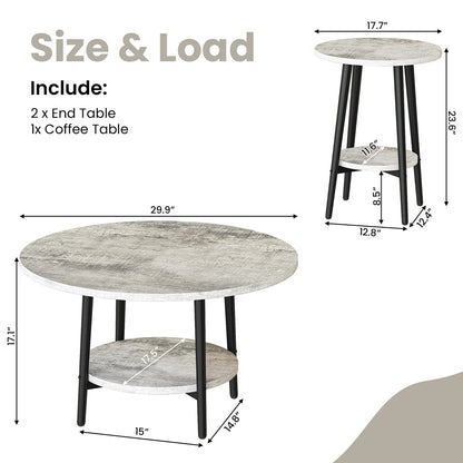 3piece Double Storage Round Coffee Table, Living Room Storage Table, Wood MDF Desktop and Metal Frame, Modern Style, Living Room/Bedroom.