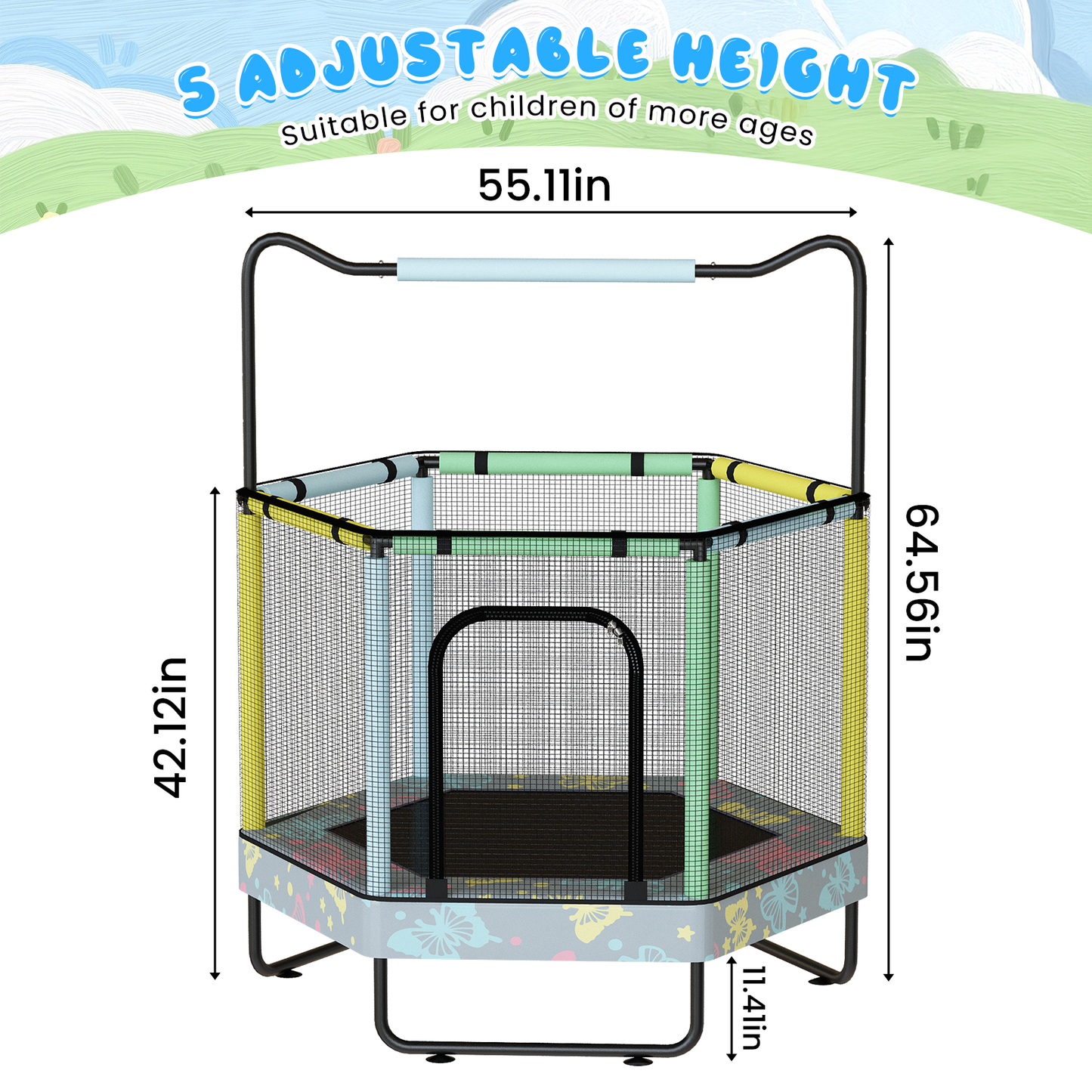 AWQM 55" Hexagon Trampoline, Indoor/Outdoor Trampoline, Safety Enclosure Net and Adjustable Handrail, 500lbs Capacity, 7-in-1
