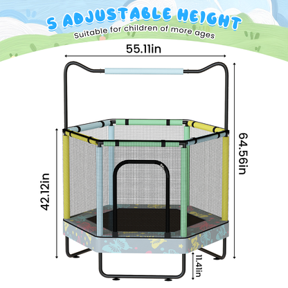 AWQM 55" Hexagon Trampoline, Indoor/Outdoor Trampoline, Safety Enclosure Net and Adjustable Handrail, 500lbs Capacity, 7-in-1