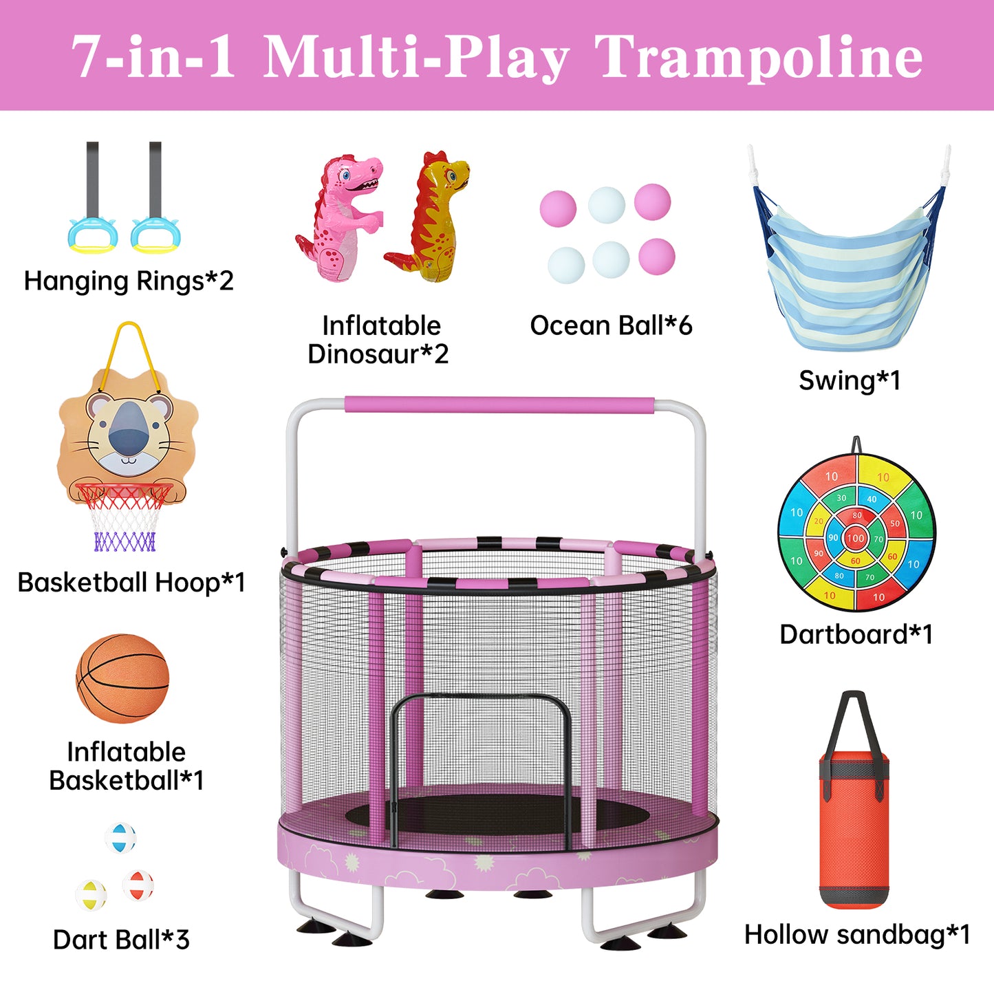 AWQM 55" 7-in-1 Round Trampoline for Kids Boys & Girls Ages 1-8, Indoor & Outdoor Trampoline for Fun, Adjustable Height Handrail ＆ Enclosed Safety Net ＆ Durable Designs for Toddlers Children