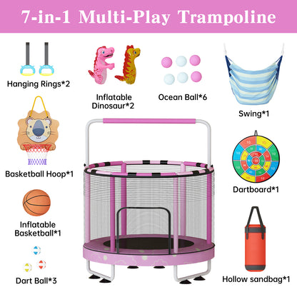 AWQM 55" 7-in-1 Round Trampoline for Kids Boys & Girls Ages 1-8, Indoor & Outdoor Trampoline for Fun, Adjustable Height Handrail ＆ Enclosed Safety Net ＆ Durable Designs for Toddlers Children