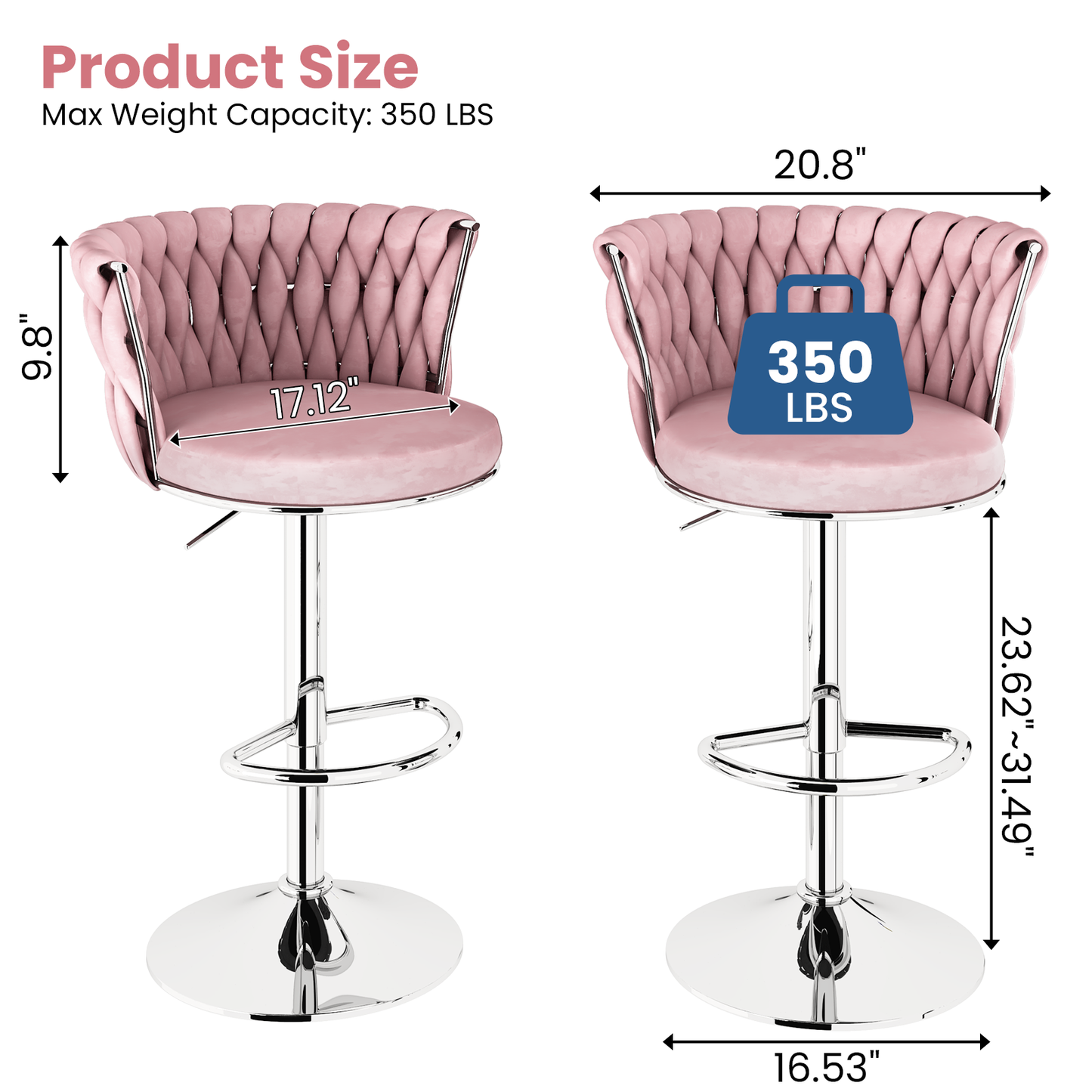 AWQM Velvet Bar Stools Set of 2,Counter Height Barstools Adjustable Kitchen Island Chairs,Swivel Barstool Upholstered Counter Bar Chairs with Back & Footrest