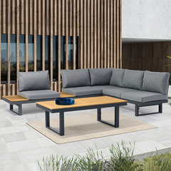 AWQM 5 Person Outdoor Combined Aluminum Wood Sofa With Dining Table Set of 4