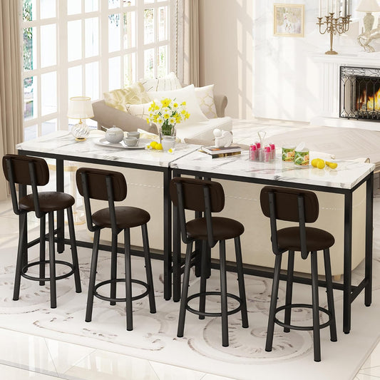 AWQM Marble Kitchen Dining Table Set with 2 Bar Set for 4