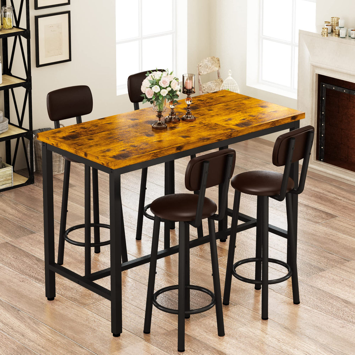 AWQM Bar Table and 4 Chairs Set Industrial Counter Height Pub Table with Bar 5 Pieces Dining Set Home Kitchen Breakfast, PU Upholstered Stools with Backrest, Rustic Brown