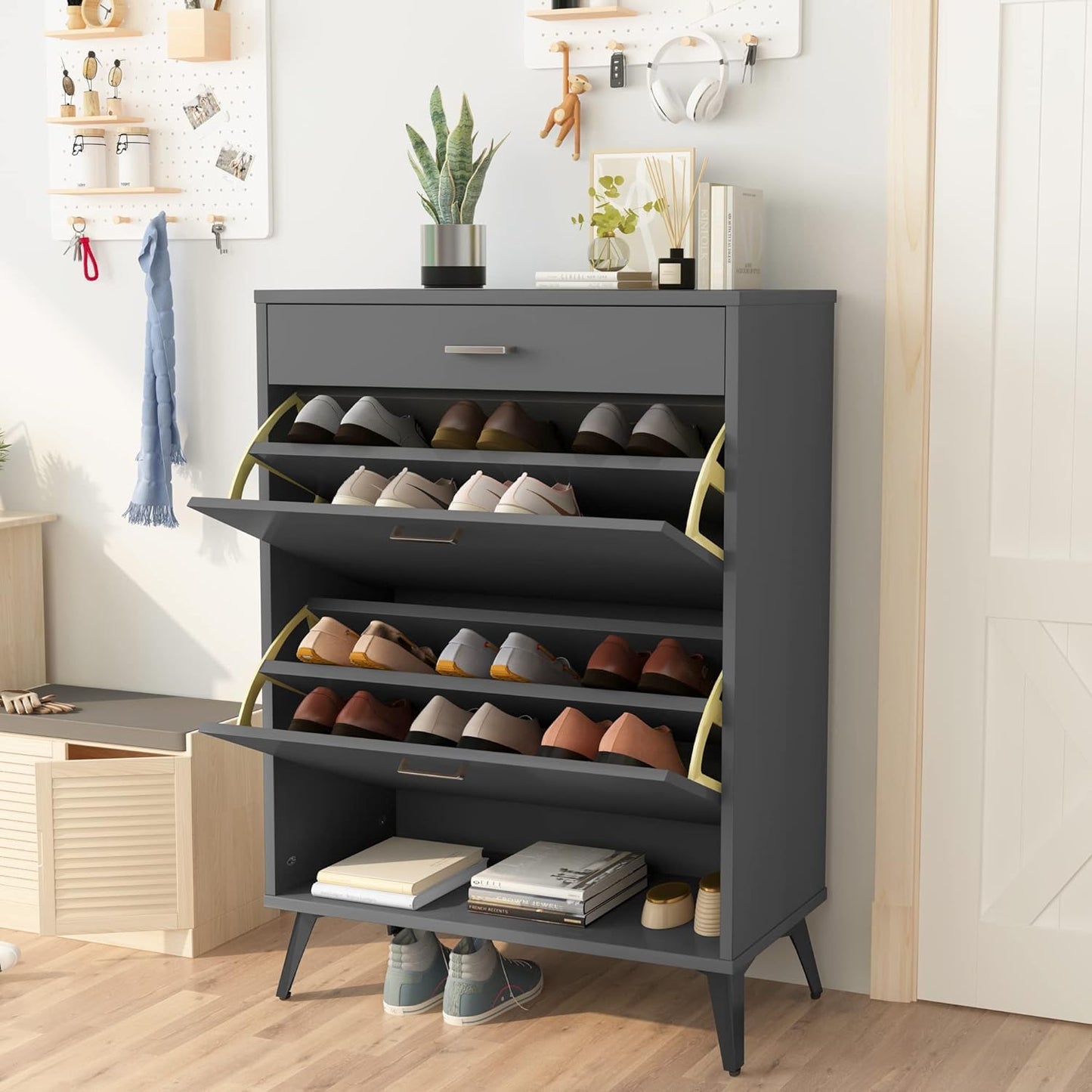 AWQM Entryway Shoe Cabinet, Freestanding Shoe Cabinet with 2 Flip-Flop Drawers