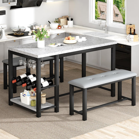 AWQM Marble Dining Table Set for 2-4 with Wine Rack, Storage Shelves