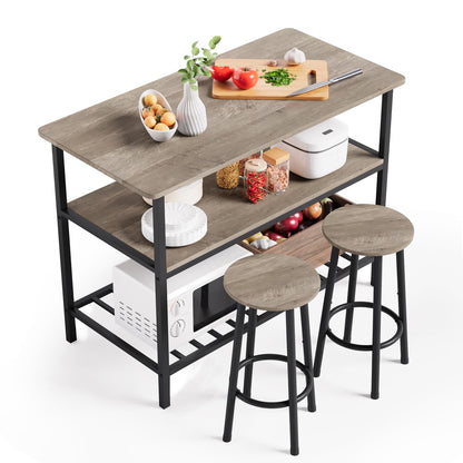 AWQM Island Table with Seat and Storage, Beige, 3 Shelves, Wooden Top Height