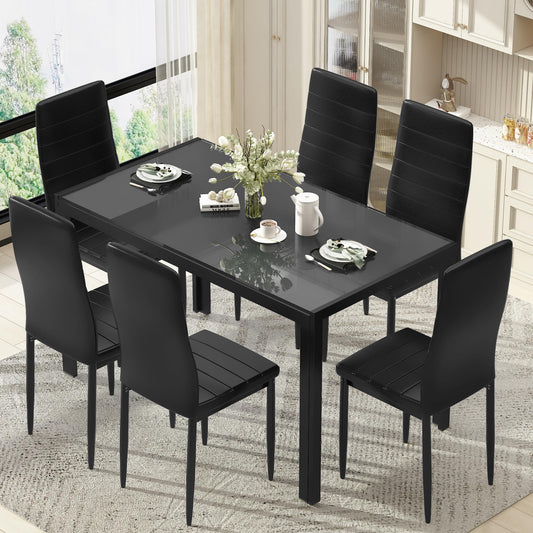 AWQM Glass Dining Table, Set of 7, Dining Table for 6