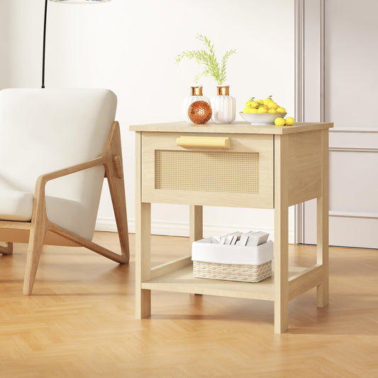 AWQM Bedside table, rattan coffee table, side table with rattan drawers and open shelves