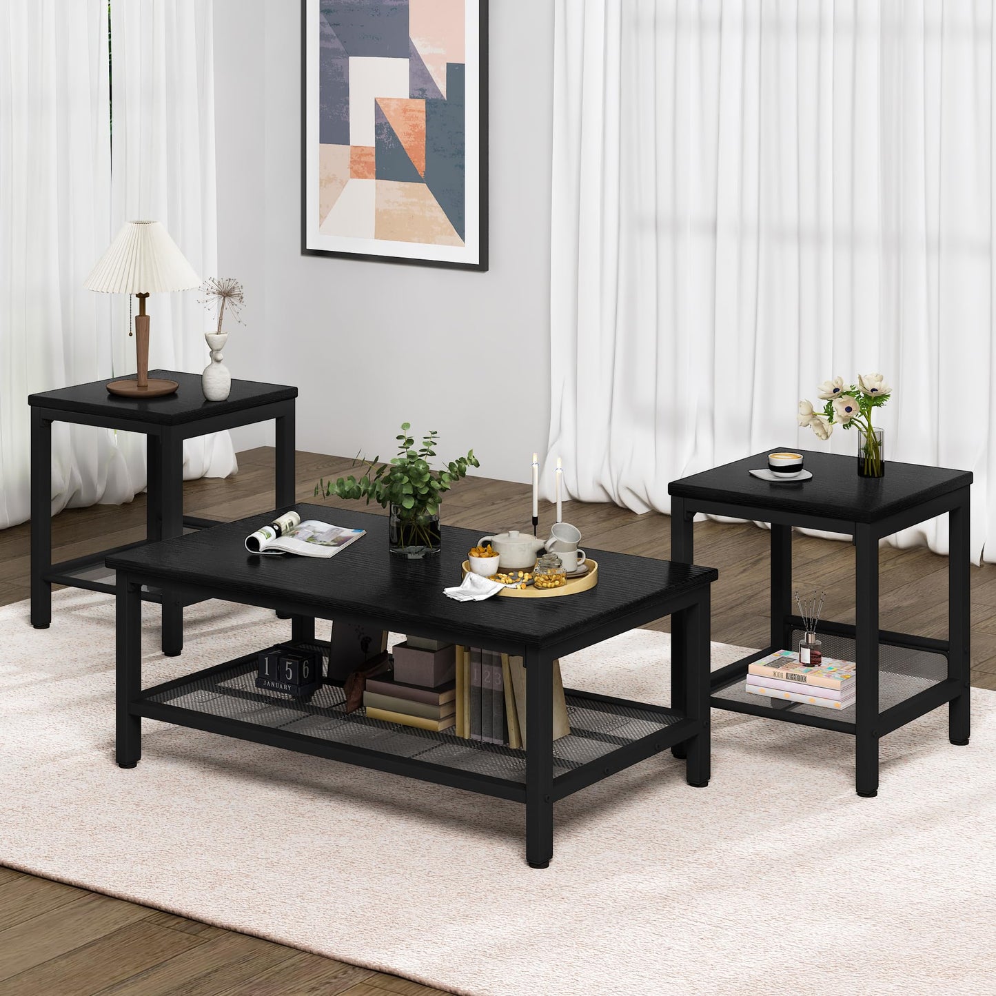 AWQM Industrial Coffee Table and 2 Square Side Tables