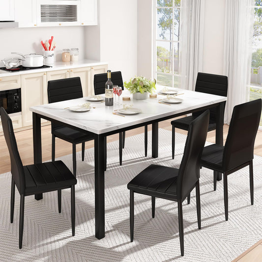 AWQM  Artificial Marble Dining Table Set 6-Person Dining Table Set