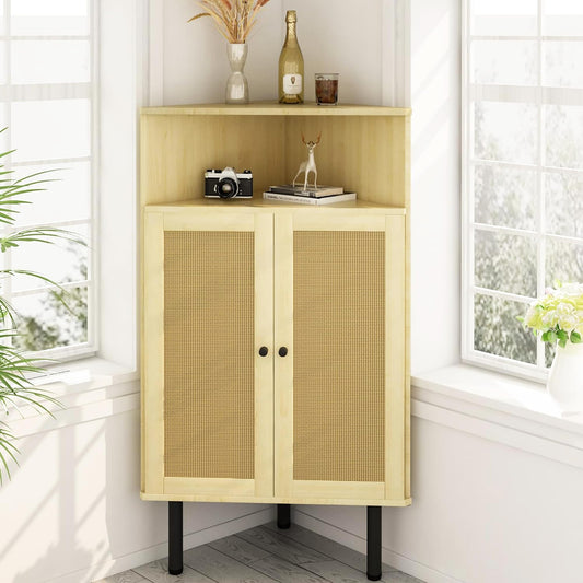 AWQM 4-Tier Corner Cabinet with Doors and Shelves, Rattan Freestanding Bar Storage