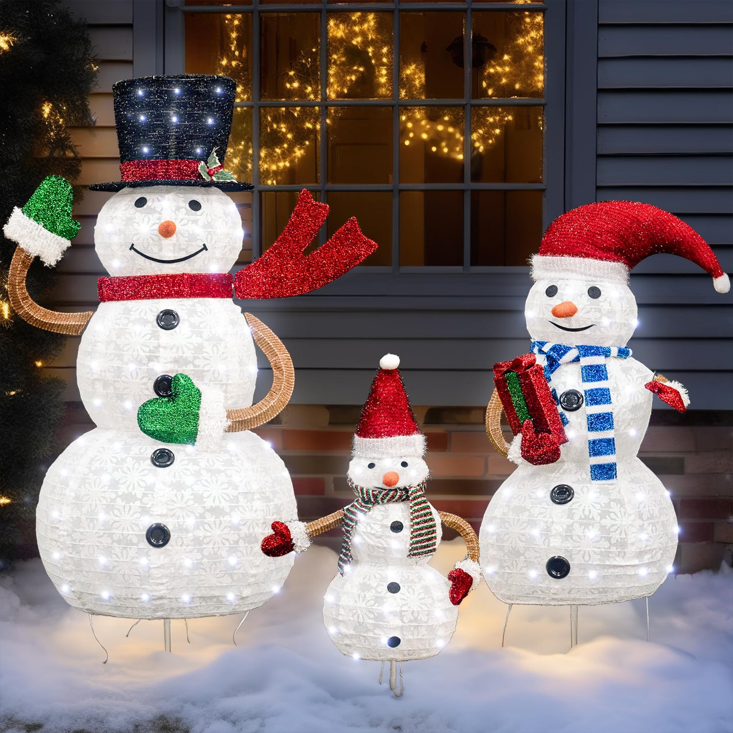 AWQM 3 Piece Pre-Lit Christmas Snowman Family Glitter Glow Snowman