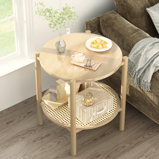 AWQM 2-tier round coffee table, rattan bedside table small bedside table