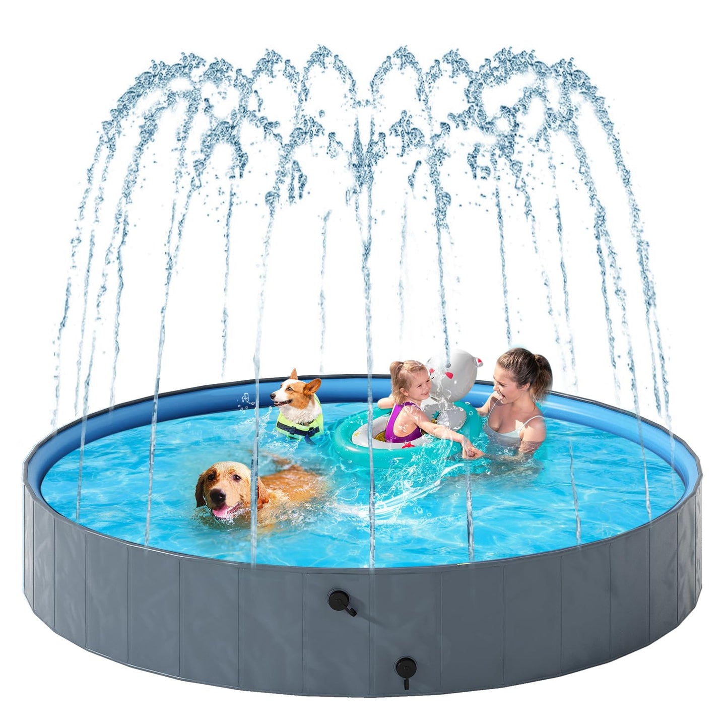 AWQM Collapsible Dog Pool with Sprinkler, Outdoor Portable Non-Slip Kids Pools