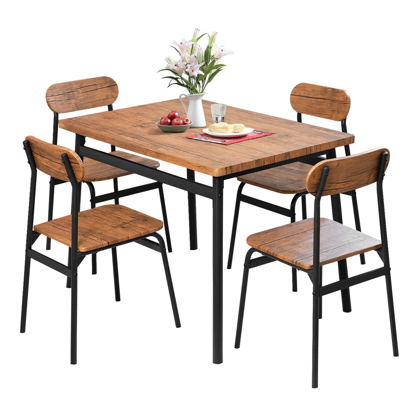 AWQM Industrial Wooden Table Top 4 Dining Table Set of 5 Metal Frame