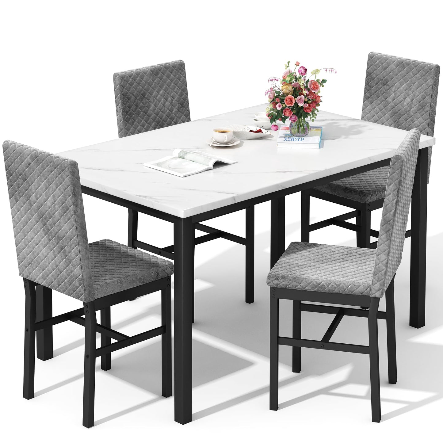 AWQM marble dining table, dining table for 4, velvet stool dining table