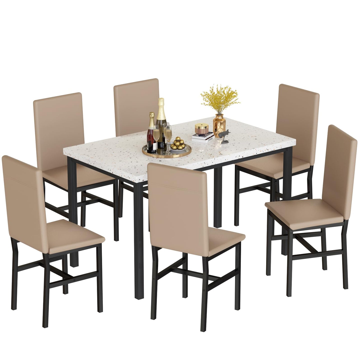 AWQM Marble 6-person dining table set with 6 PU leather chairs