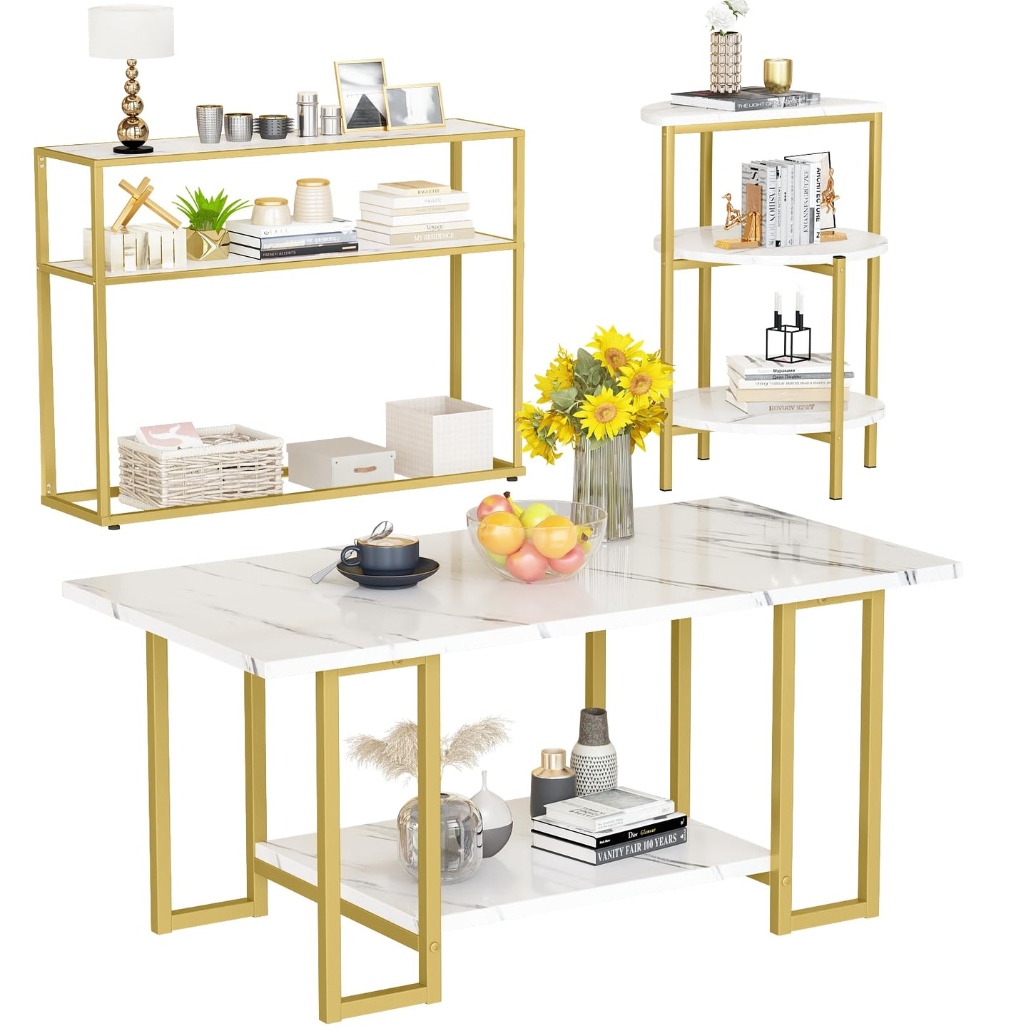 AWQM 3 Pieces Modern Coffee Set, with Console Table, White & Gold