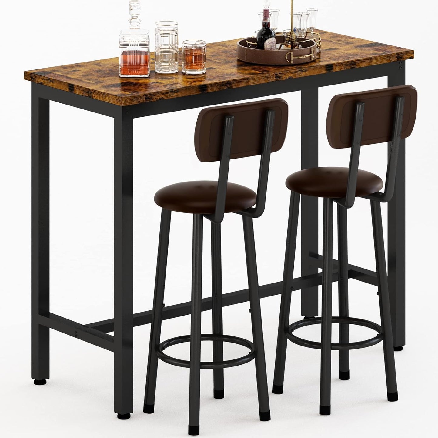 AWQM Industrial Wooden Bar, High Table Table 2 Polyurethane Upholstered Stools.