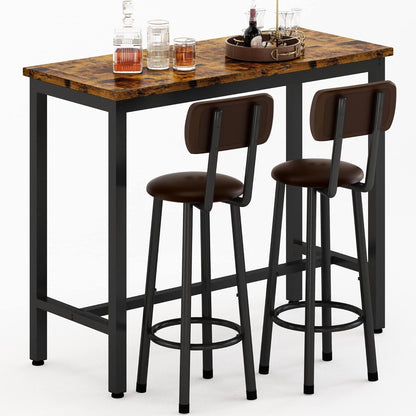 AWQM Industrial Wooden Bar, High Table Table 2 Polyurethane Upholstered Stools.