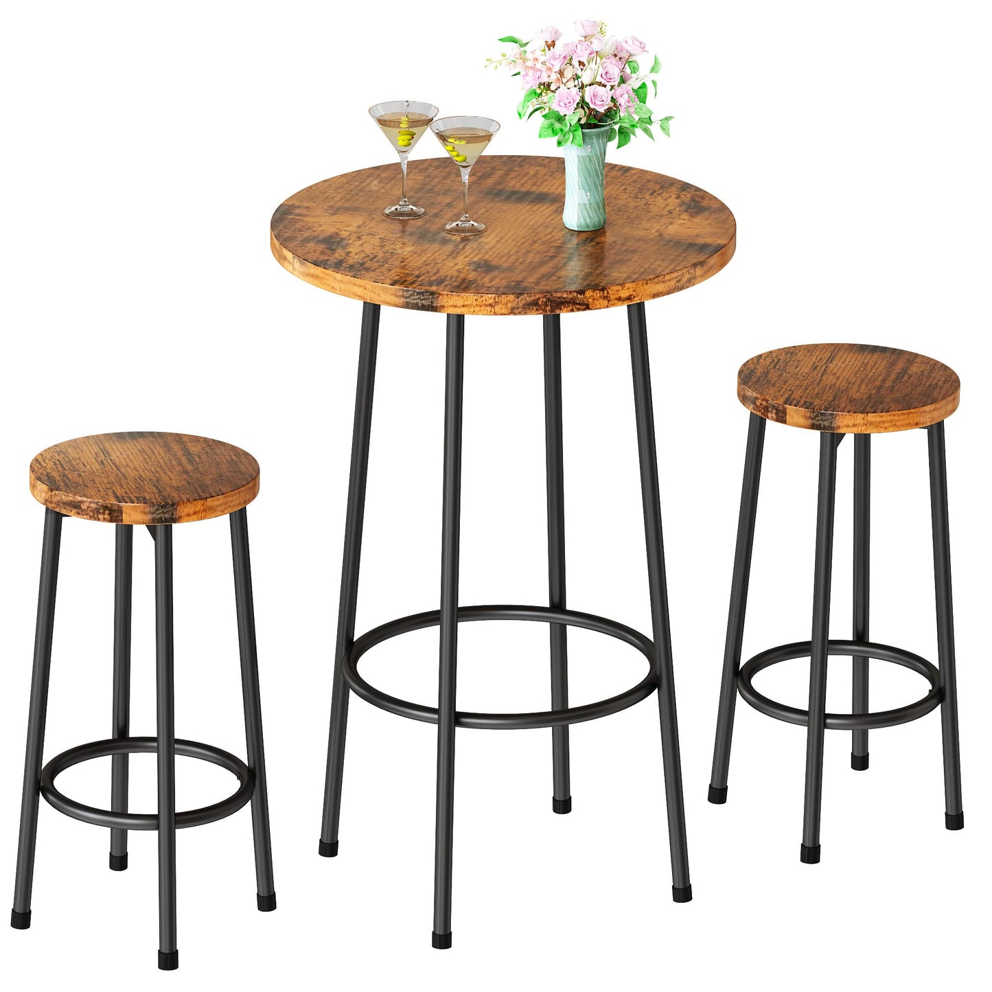 AWQM Industrial Wooden Bar Set, Coffee High Table Set with 2 Stools