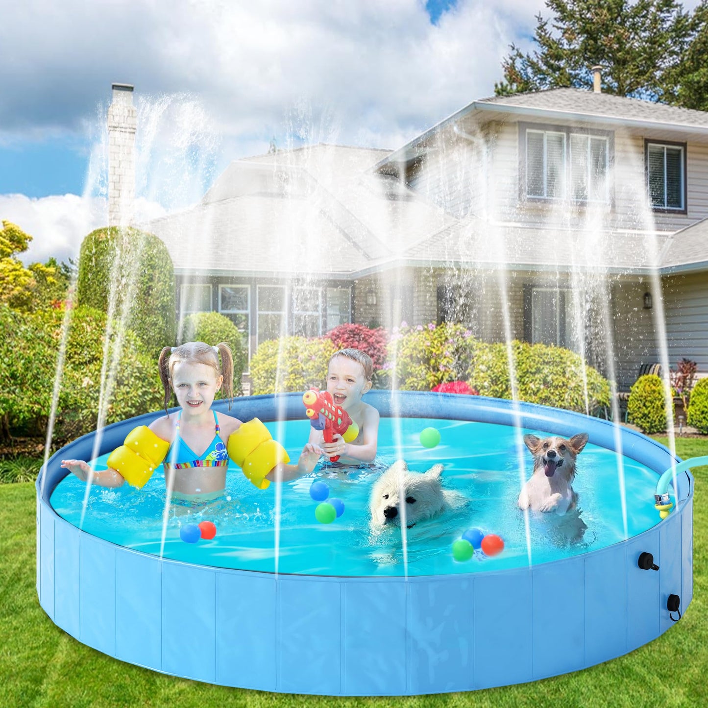 AWQM Collapsible Dog Pool with Sprinkler, Outdoor Portable Non-Slip Kids Pools