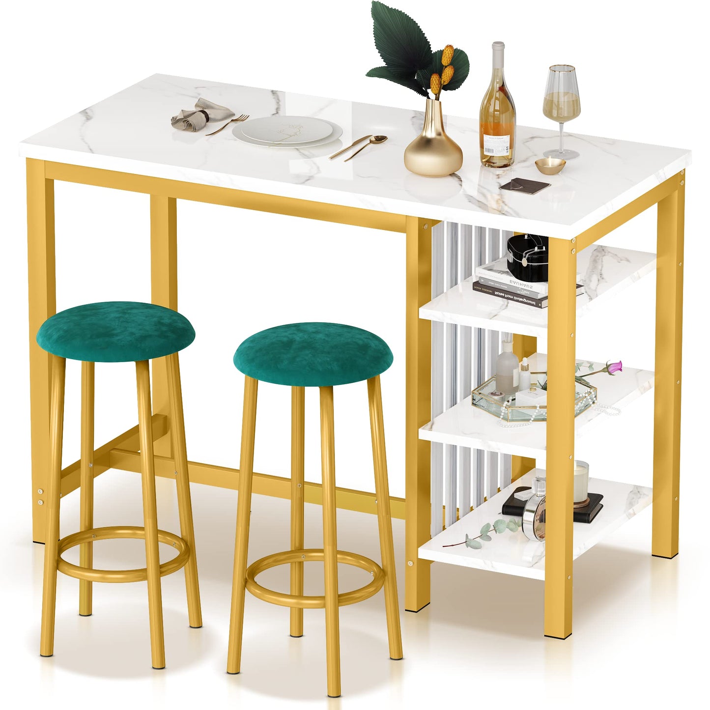 AWQM Bar Set, Modern Marble 2 Velvet Stools