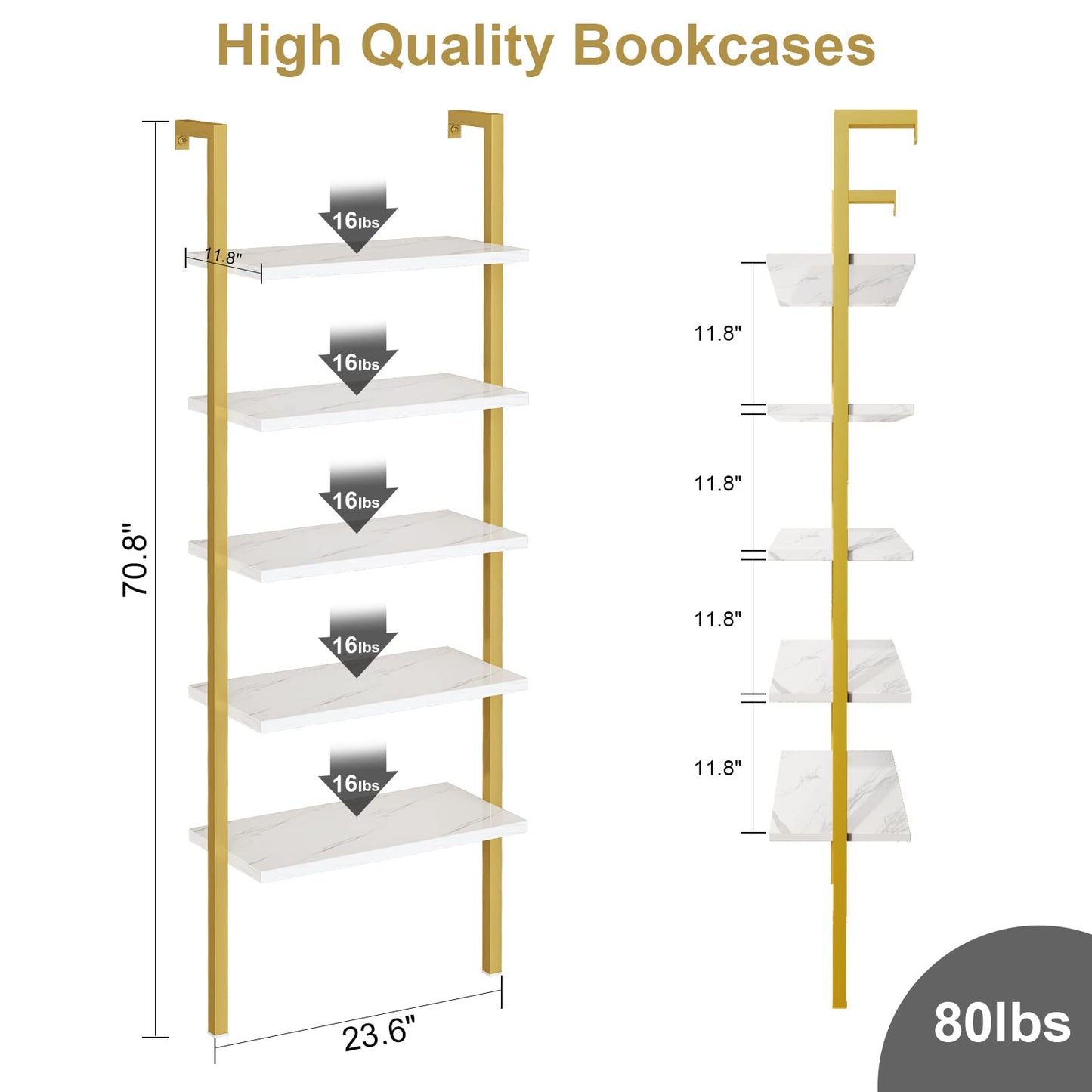 AWQM Wall Mounted Bookcase, Industrial Ladder Bookcase