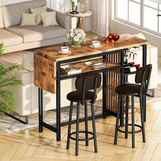 AWQM industrial wood bar table and chairs set, dining table for 2