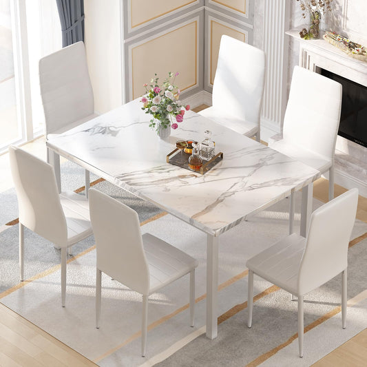 AWQM Modern Marble Dining Table Set for 6 7 Piece Kitchen Table and Chairs