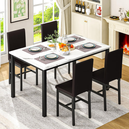 AWQM Modern Faux Marble 4 Person Dining Table Set, Space Saving 5 Piece Dining Table Set.