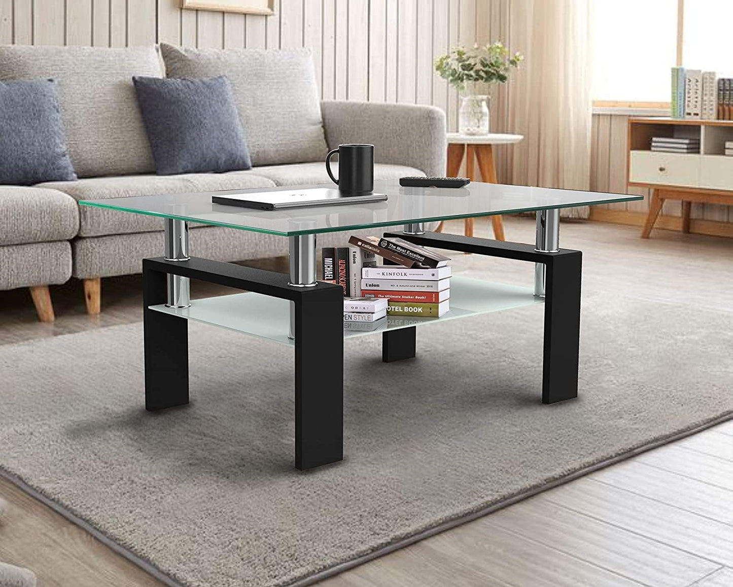 AWQM Modern Medium Coffee Table Metal Legs Glass Coffee Table