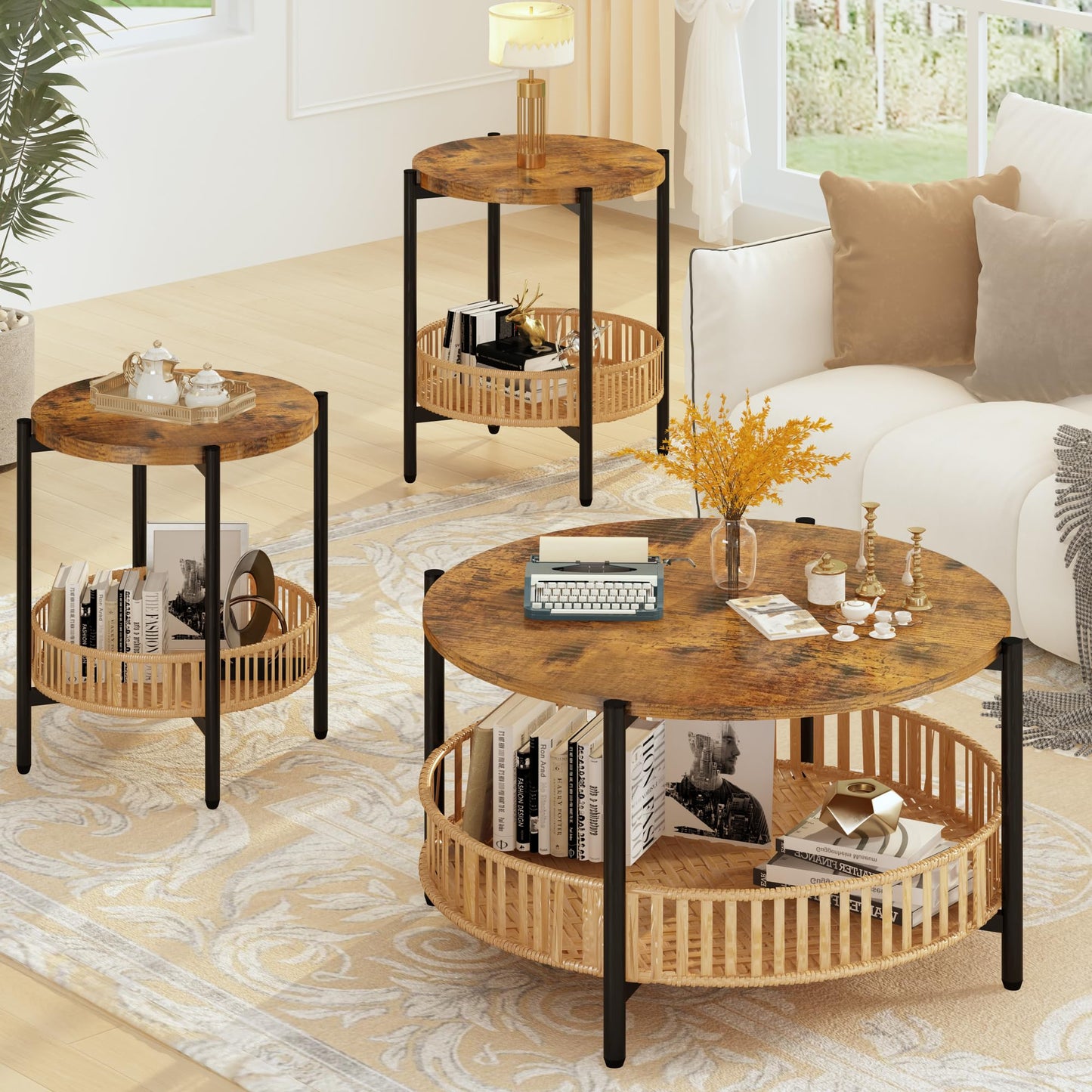 AWQM Coffee Table Tier Round Rattan Coffee Table Side Table with Metal Frame