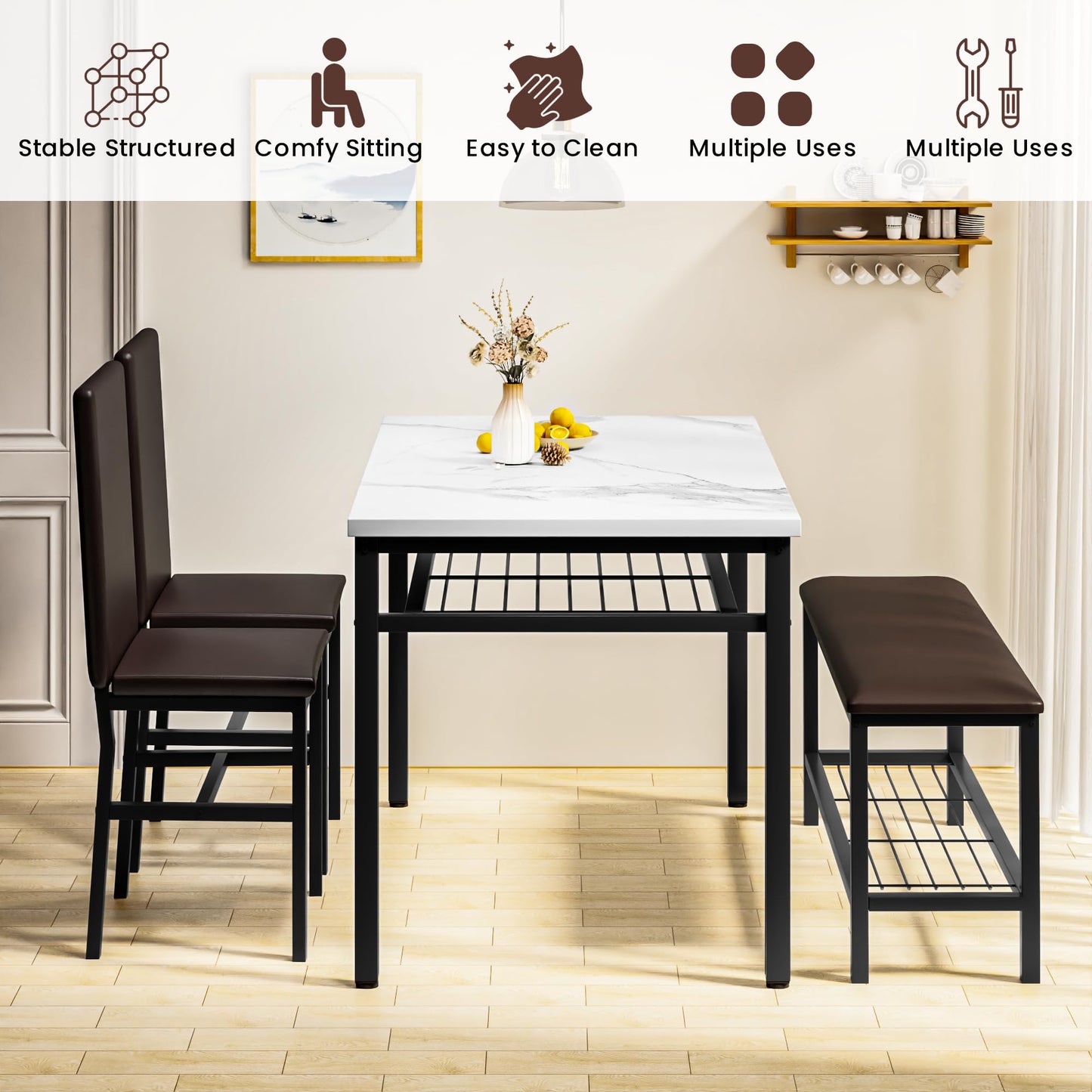 AWQM Marble 4-person dining table PU leather stool