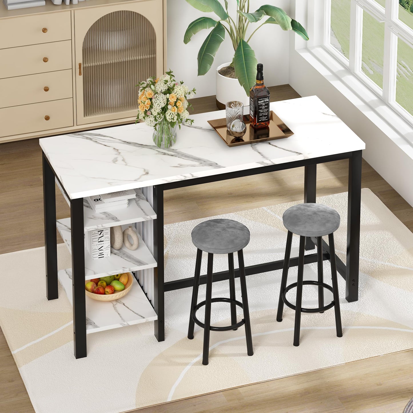 AWQM Bar Set, Modern Marble 2 Velvet Stools