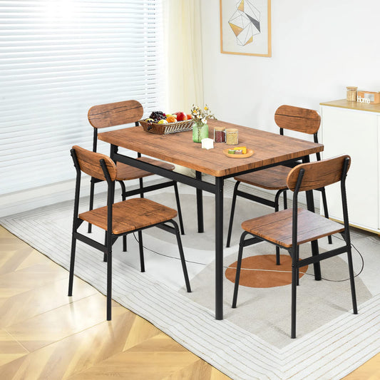 AWQM Industrial Wooden Table Top 4 Dining Table Set of 5 Metal Frame