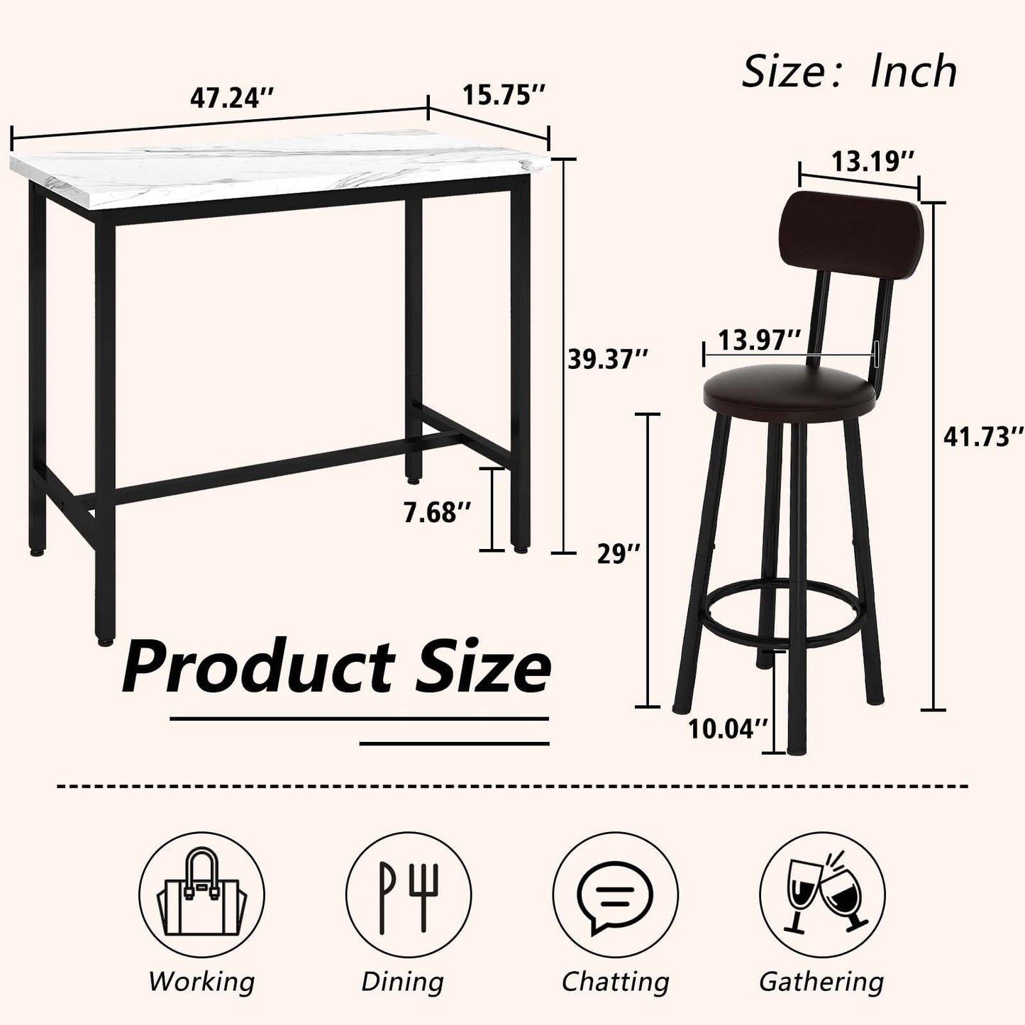 AWQM, 47” Rectangular Kitchen Marble Table and Chair Set, Dining Table for 2